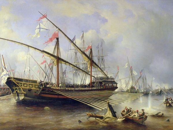 Rysk galär i arbete i slaget vid Föglöfjärden 1720, målning av Victor Perrot ca 1830.